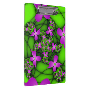 Modern Abstract Neon Pink Green Fractal Flowers Clipboard