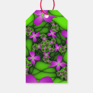 Modern Abstract Neon Pink Green Fractal Flowers Gift Tags