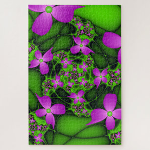 Modern Abstract Neon Pink Green Fractal Flowers Jigsaw Puzzle