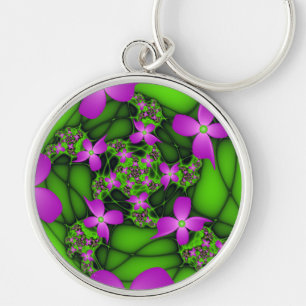 Modern Abstract Neon Pink Green Fractal Flowers Keychain