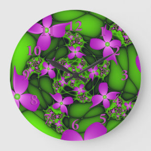 Modern Abstract Neon Pink Green Fractal Flowers Large Clock