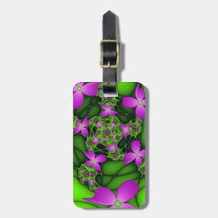 Modern Abstract Neon Pink Green Fractal Flowers Luggage Tag