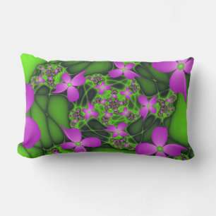 Modern Abstract Neon Pink Green Fractal Flowers Lumbar Pillow