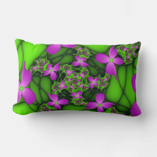 Modern Abstract Neon Pink Green Fractal Flowers Lumbar Pillow