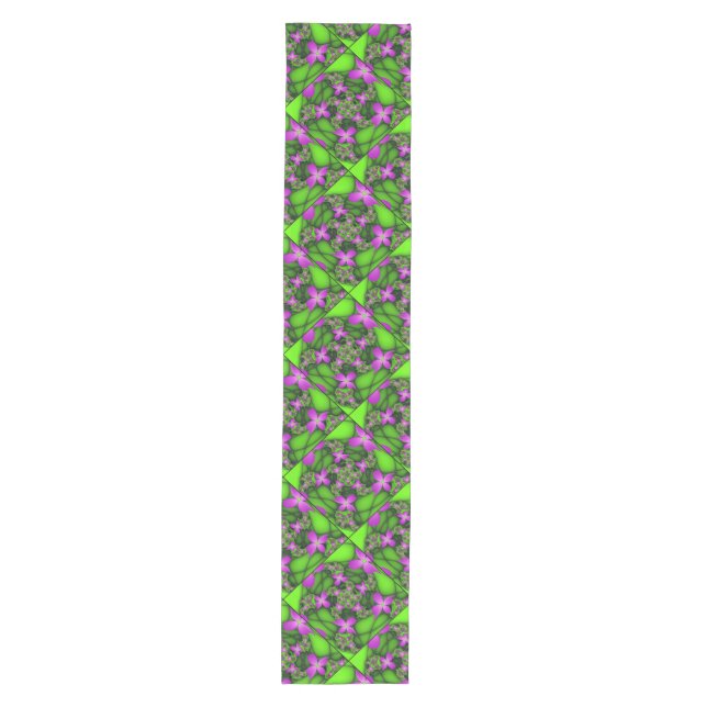 Modern Abstract Neon Pink Green Fractal Flowers Medium Table Runner (Front)