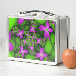 Modern Abstract Neon Pink Green Fractal Flowers Metal Lunch Box