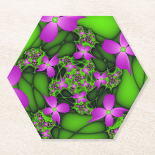 Modern Abstract Neon Pink Green Fractal Flowers Paper Coaster
