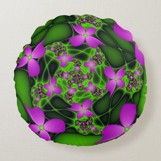 Modern Abstract Neon Pink Green Fractal Flowers Round Pillow (Front)
