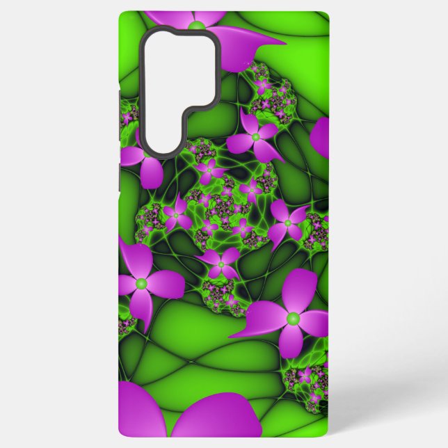 Modern Abstract Neon Pink Green Fractal Flowers Samsung Galaxy S22 Ultra Case (Back)