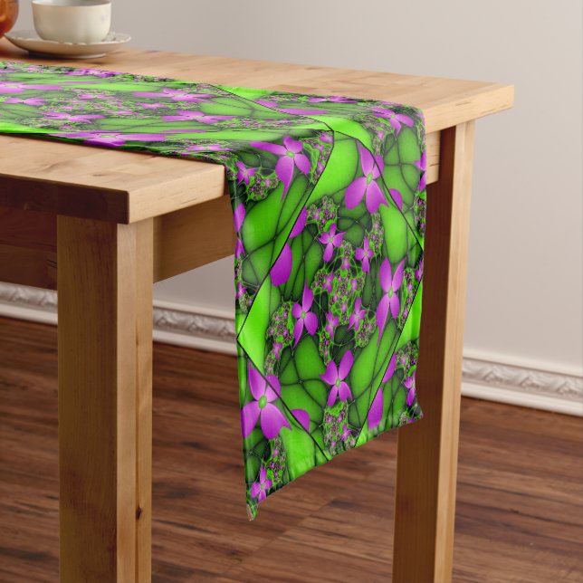 Modern Abstract Neon Pink Green Fractal Flowers Short Table Runner (In Situ)