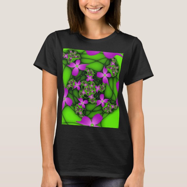 Modern Abstract Neon Pink Green Fractal Flowers T-Shirt (Front)