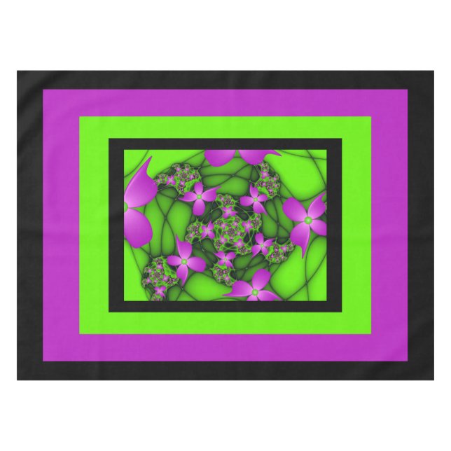 Modern Abstract Neon Pink Green Fractal Flowers Tablecloth (Front (Horizontal))