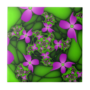 Modern Abstract Neon Pink Green Fractal Flowers Tile
