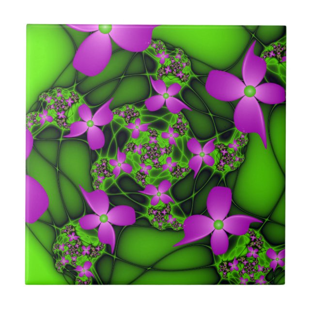 Modern Abstract Neon Pink Green Fractal Flowers Tile (Front)