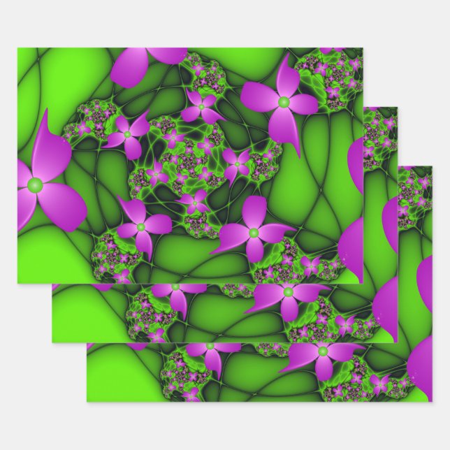 Modern Abstract Neon Pink Green Fractal Flowers Wrapping Paper Sheet (Set)