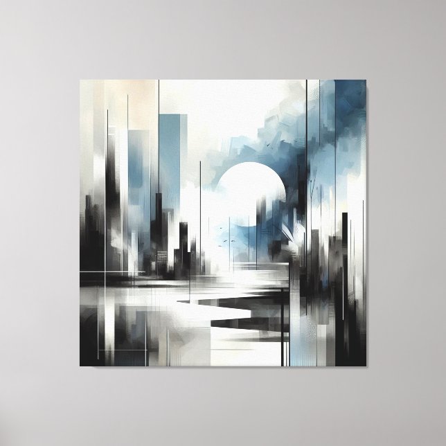 Modern Abstract Night City-Black White and blue Canvas Print (Front)