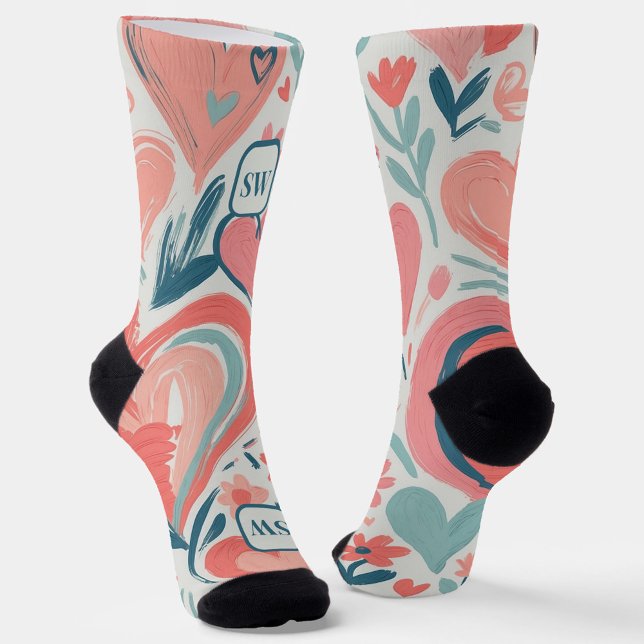 Modern abstract orange teal floral heart monogram socks (Creator Uploaded)