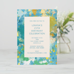 Modern Abstract Paint Art Cool Blue 25th Birthday  Invitation