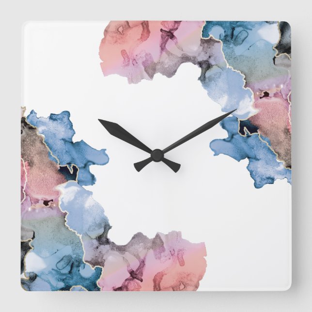 Modern Abstract Paint Splash Inks Blue Pink Square Wall Clock (Front)
