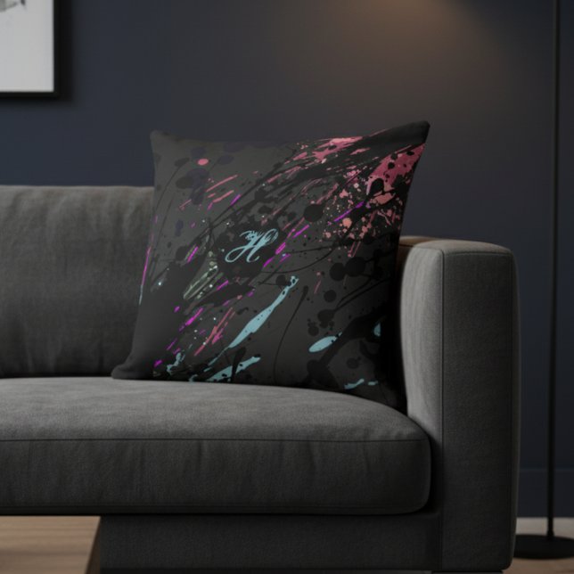 Modern Abstract Paint Splatter Monogram Name Throw Pillow (Creator Uploaded)