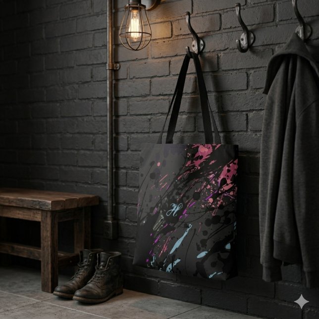 Modern Abstract Paint Splatter Monogram Name Tote Bag (Creator Uploaded)