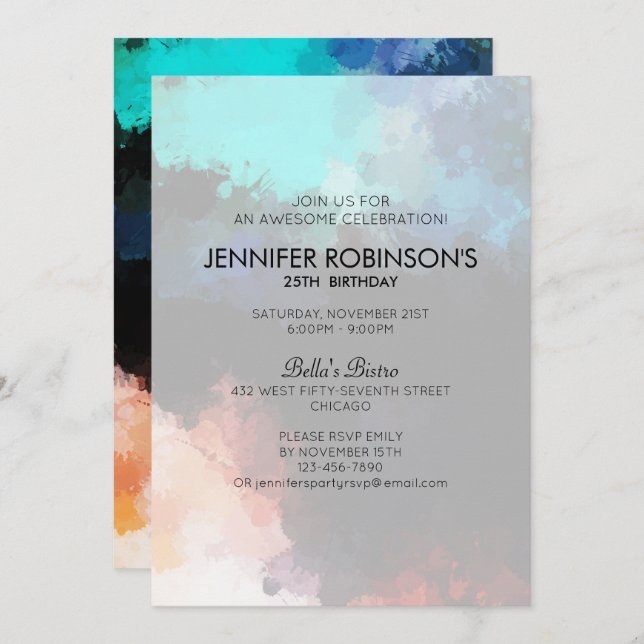 Modern Abstract Paint Splatters Birthday Party Invitation (Front/Back)