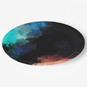 Modern Abstract Paint Splatters Black Orange Blue Paper Plate (Angled)