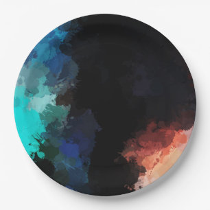 Modern Abstract Paint Splatters Black Orange Blue Paper Plate