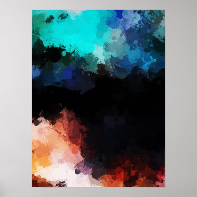 Modern Abstract Paint Splatters Black Orange Blue Poster (Front)
