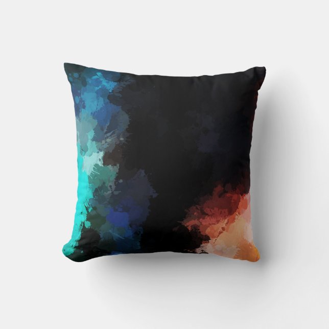Modern Abstract Paint Splatters Black Orange Blue Throw Pillow (Front)