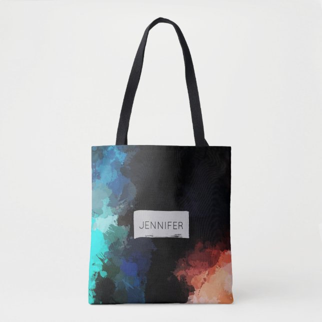 Modern Abstract Paint Splatters Black Orange Blue Tote Bag (Front)