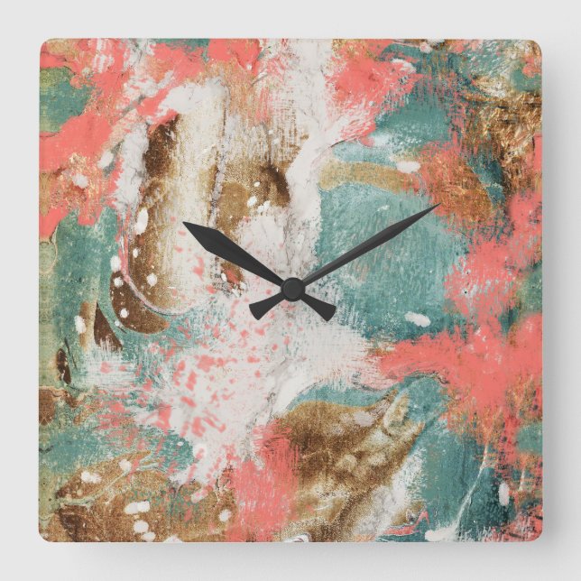 Modern Abstract Painting Coral Teal Gold White Square Wall Clock (Front)