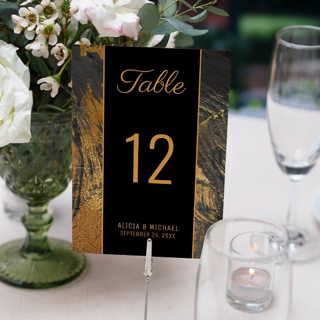 Modern abstract painting gold script dark wedding table number (Creator Uploaded)
