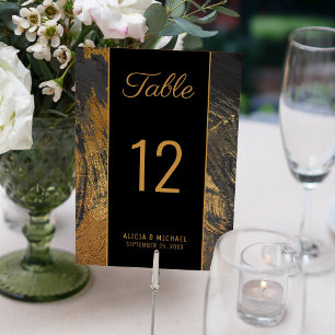 Modern abstract painting gold script dark wedding table number