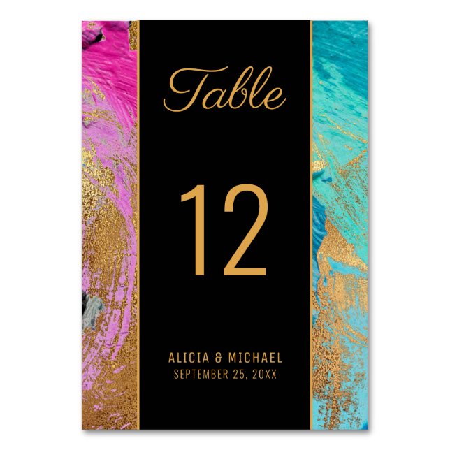 Modern abstract painting gold script dark wedding table number (Front)