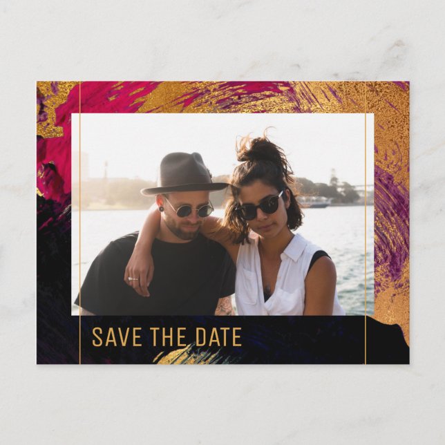 Modern abstract painting gold script photo wedding announcement postcard (Front)