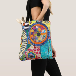 Modern Abstract Patchwork Pattern Monogram  Tote Bag