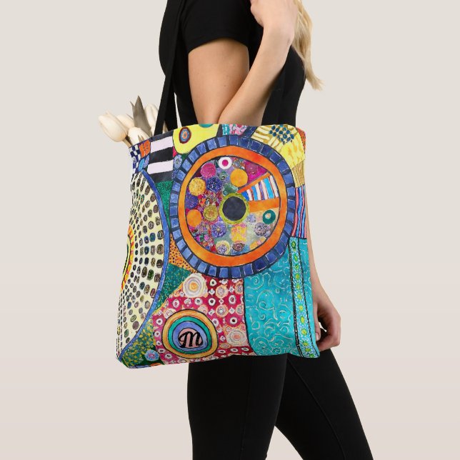 Modern Abstract Patchwork Pattern Monogram  Tote Bag (Close Up)