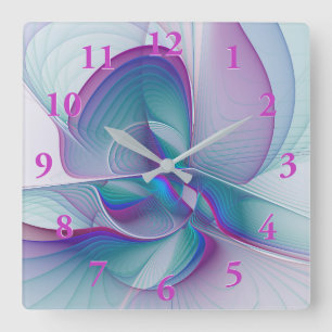 Modern Abstract Pink Blue Turquoise Fractal Art Square Wall Clock