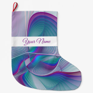 Modern Abstract Pink Blue Turquoise Fractal Name Large Christmas Stocking