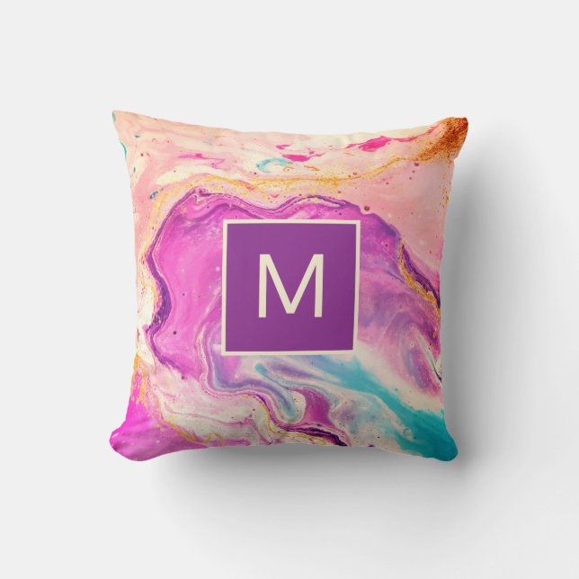 Modern Abstract Pink Fine Art Swirl Monogram Throw Pillow (Front)