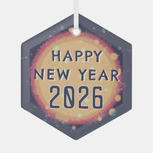 Modern Abstract Planet Happy New Year 2026 Glass Ornament