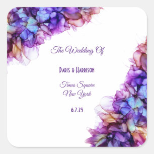 Modern Abstract Purple Haze Alcohol Ink Wedding Square Sticker