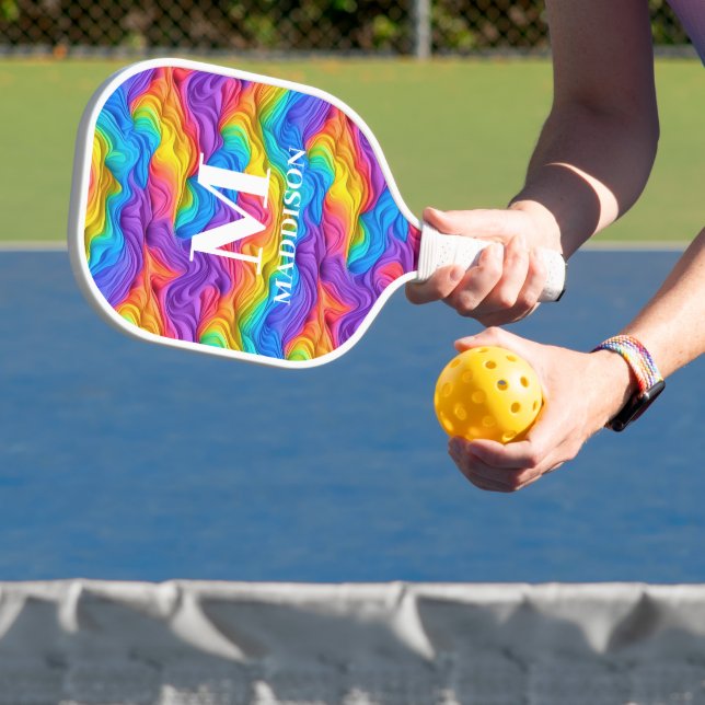 Modern Abstract Rainbow Custom Monogram Pickleball Paddle (Insitu)