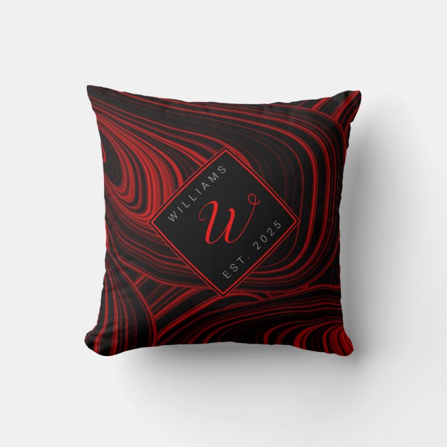 Modern Abstract Red and Black Family Monogram Throw Pillow (Front)