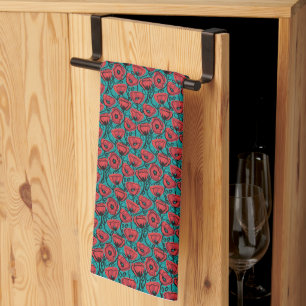 Modern Abstract Red Poppy Floral Pattern Kitchen Towel