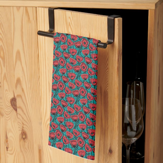 Modern Abstract Red Poppy Floral Pattern Kitchen Towel (Thirds Fold)