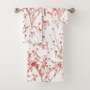 Modern Abstract Red Toile Wildflowers on White Bath Towel Set