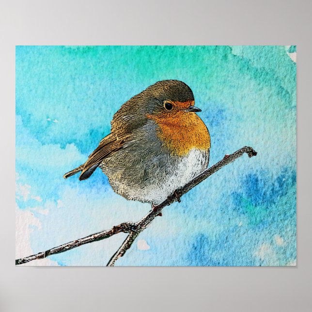 Modern abstract Robin bird on watercolor splatter Poster (Front)
