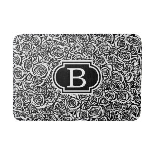 Modern Abstract Rose Pattern, Black and White Bath Mat